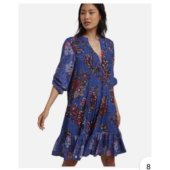 Anthropologie Diana Pintucked Tunic Dress Sz S Ruffled Hem Bubble Sleeve Floral - Picture 1 of 12